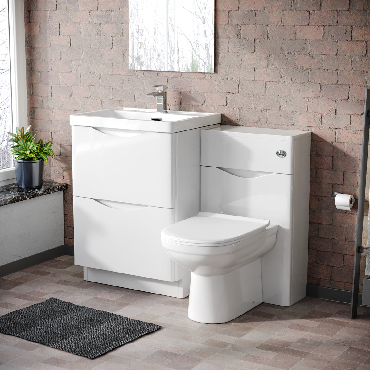 Merton 1100mm Freestanding White Basin Vanity Cabinet, WC & Round BTW Toilet Set