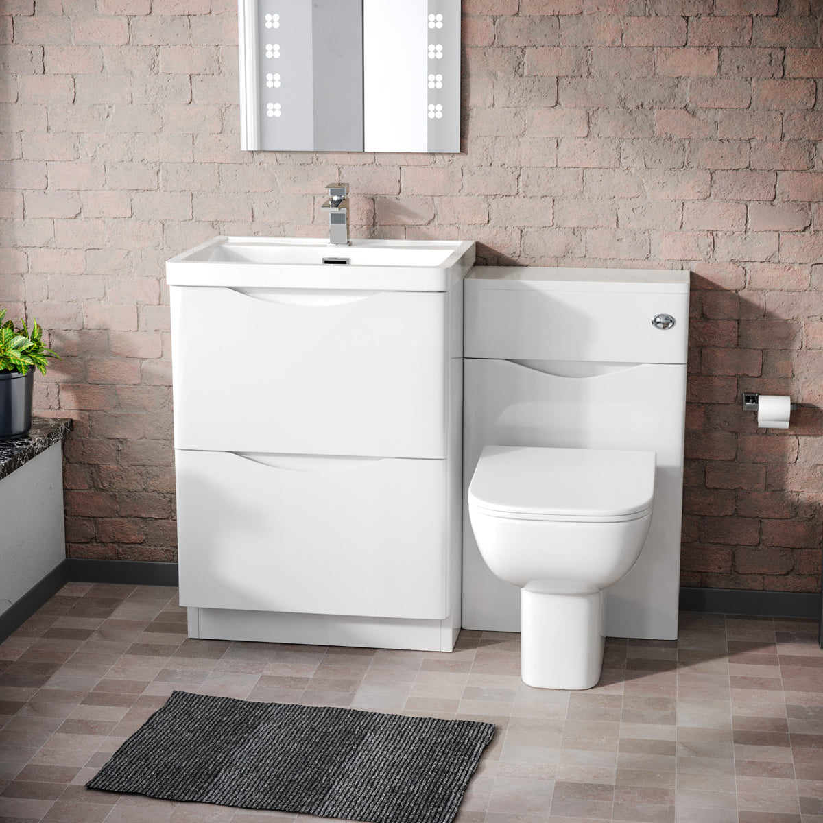 Merton 1100mm Freestanding White Basin Vanity Cabinet, WC & Rimless Modern BTW Toilet Set