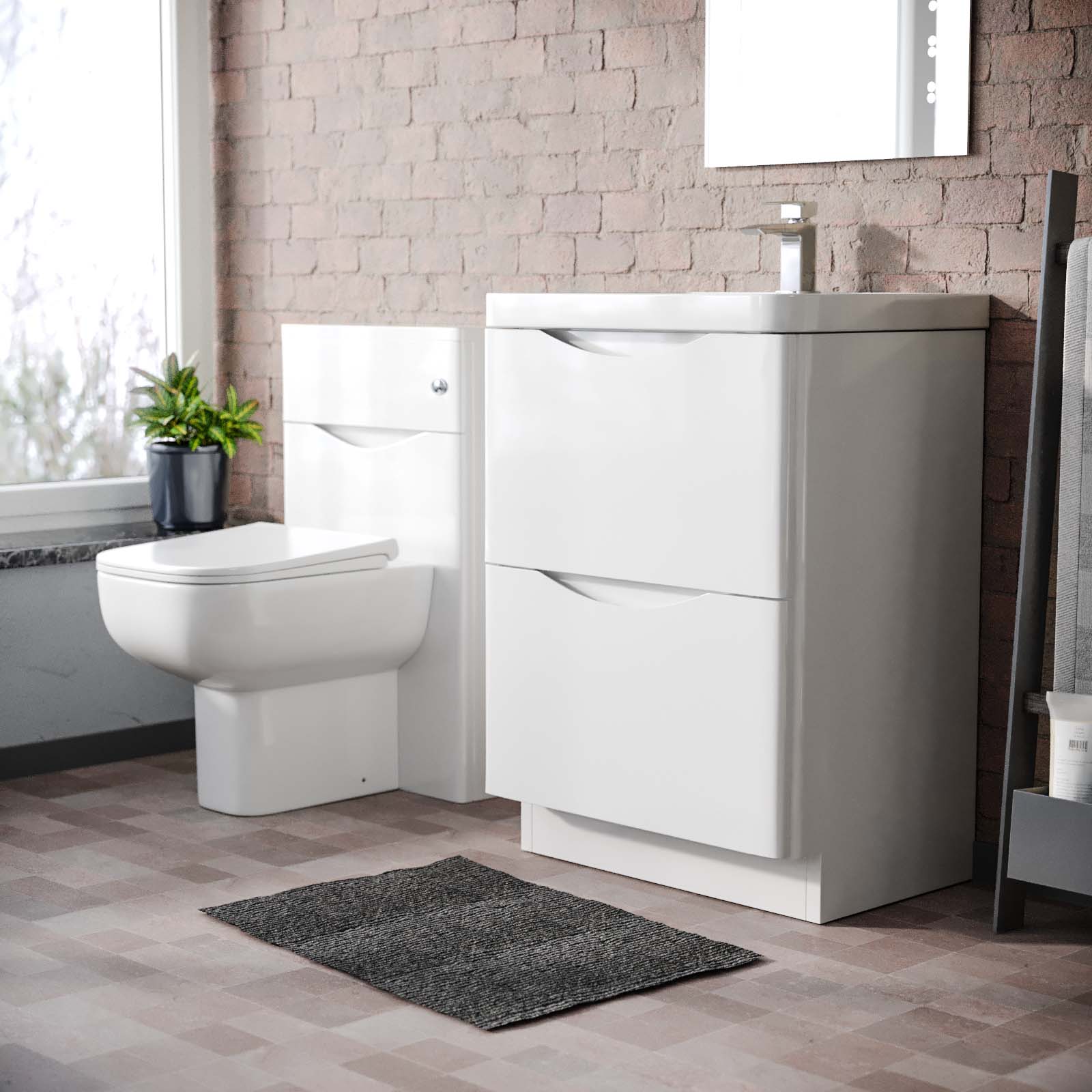 Merton 600mm Freestanding White Basin Vanity Cabinet, WC & Rimless Modern BTW Toilet Set