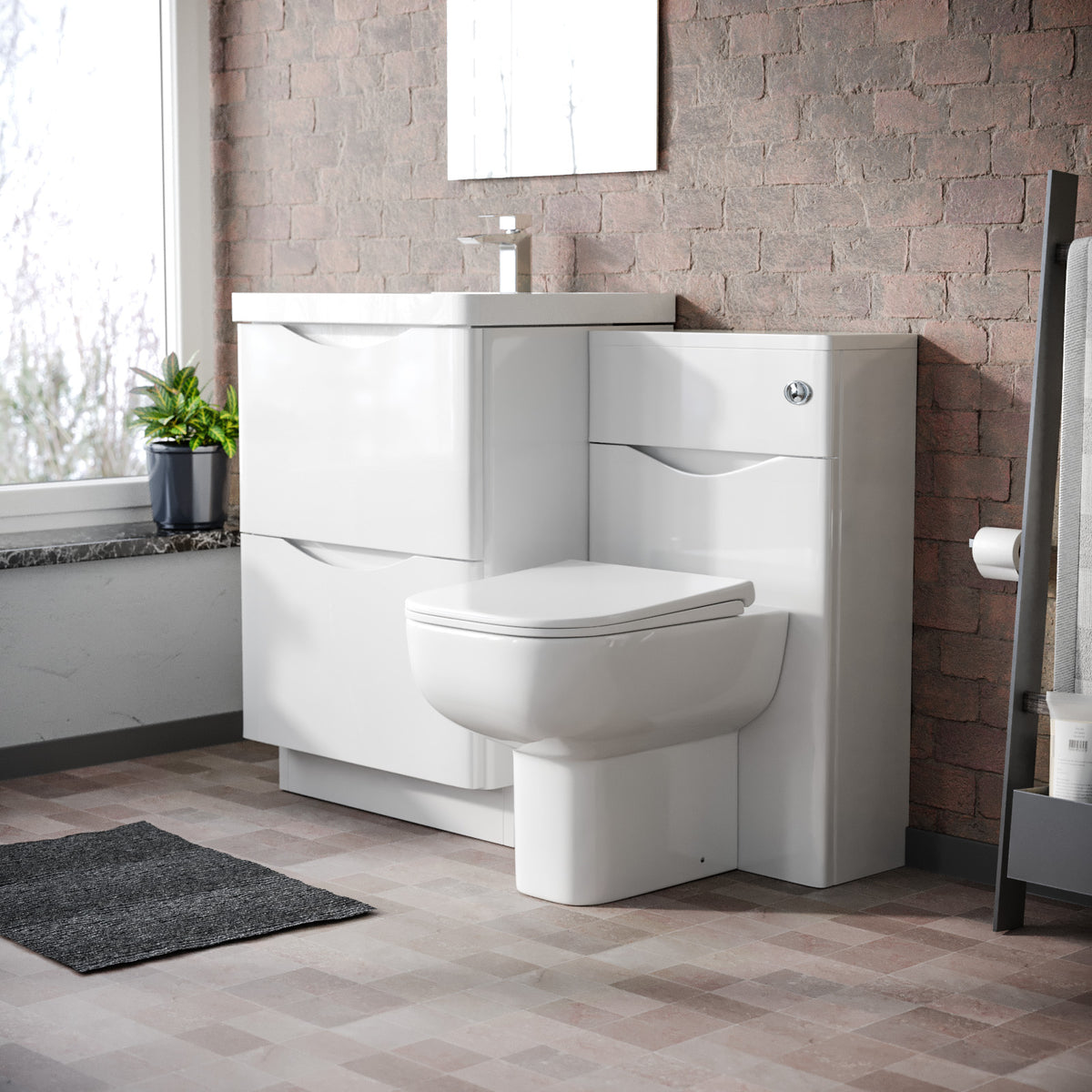 Merton 1100mm Freestanding White Basin Vanity Cabinet, WC & Rimless Modern BTW Toilet Set