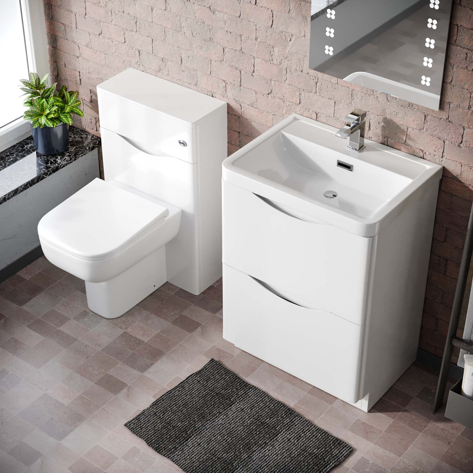 Merton 600mm Freestanding White Basin Vanity Cabinet, WC & Rimless Modern BTW Toilet Set