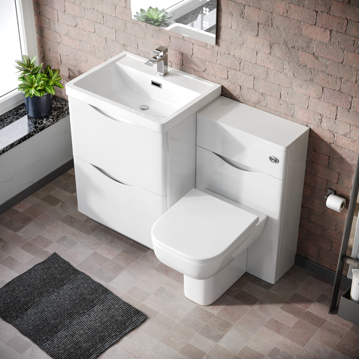 Merton 1100mm Freestanding White Basin Vanity Cabinet, WC & Rimless Modern BTW Toilet Set
