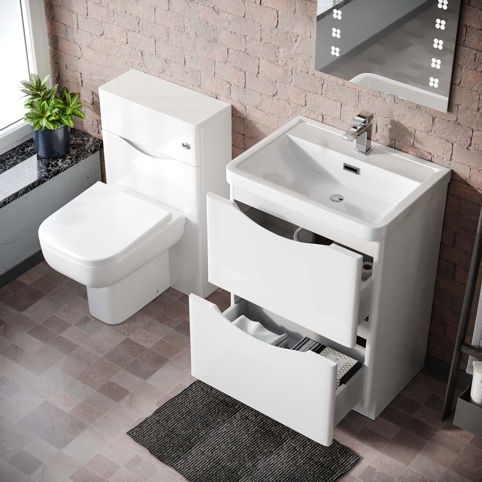 Merton 600mm Freestanding White Basin Vanity Cabinet, WC & Rimless Modern BTW Toilet Set