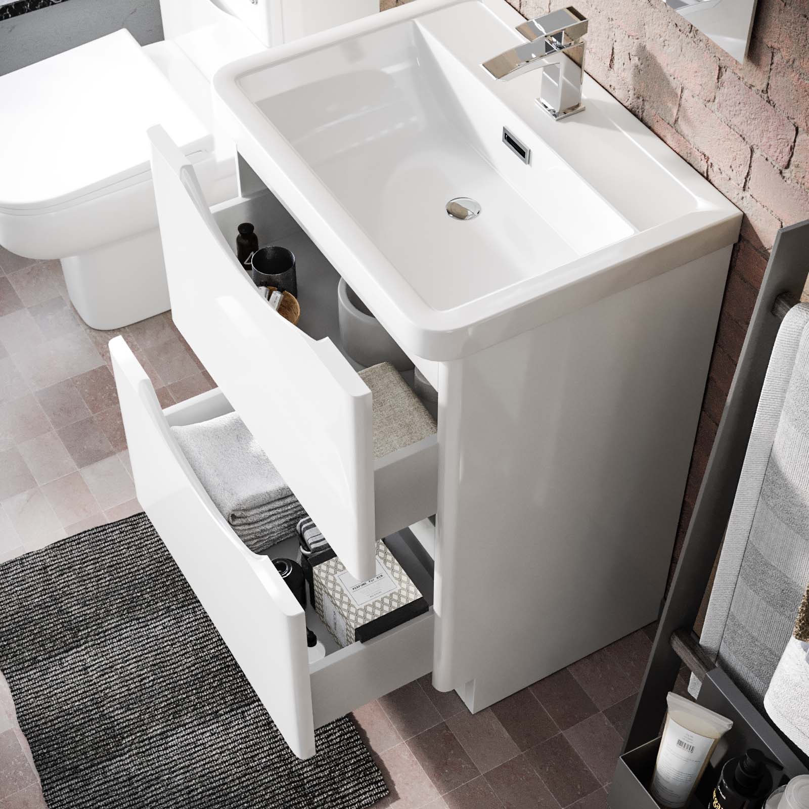 Merton 600mm Freestanding White Basin Vanity Cabinet, WC & Rimless Modern BTW Toilet Set