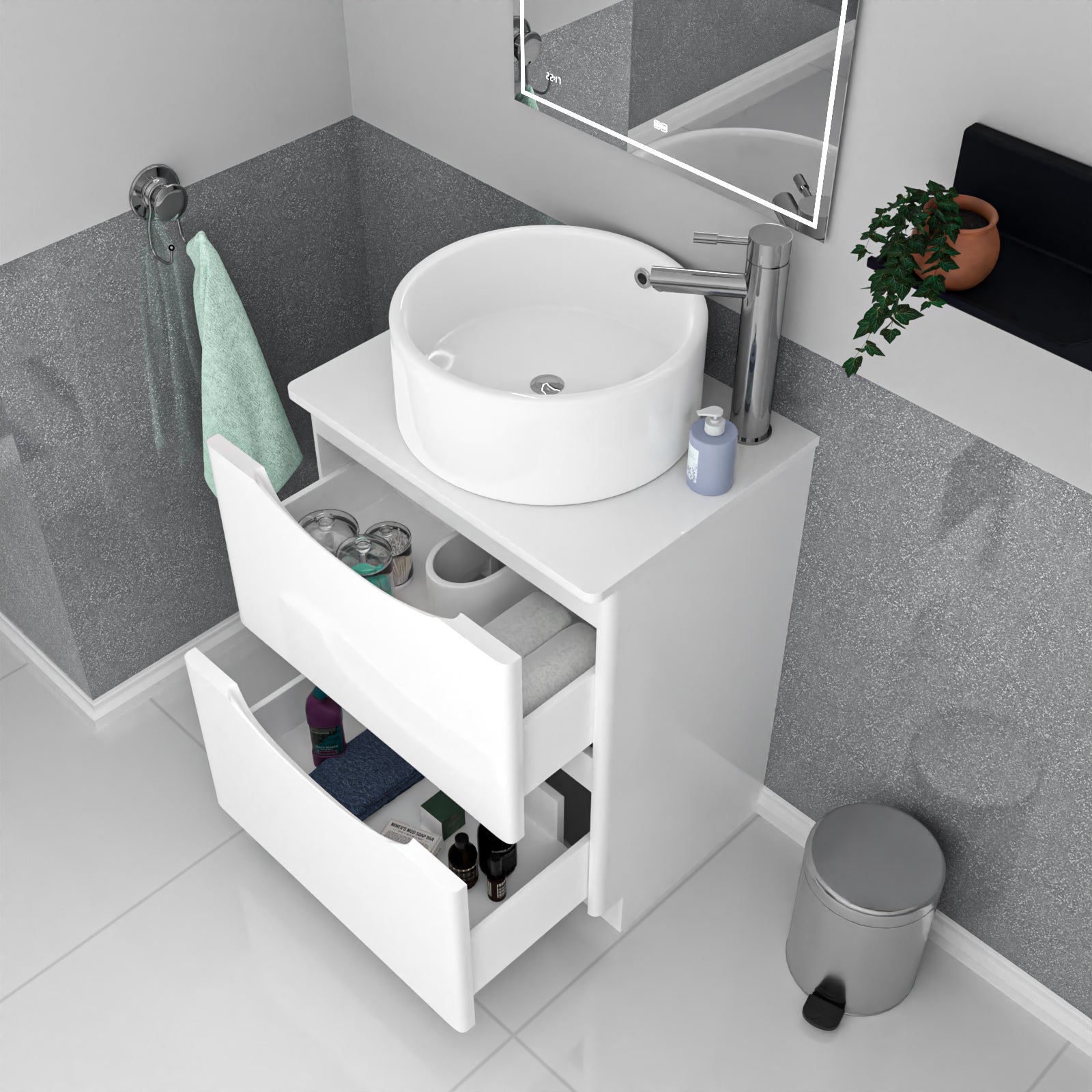 Merton 600mm White Freestanding Vanity Unit, Worktop With Round Bowl Basin
