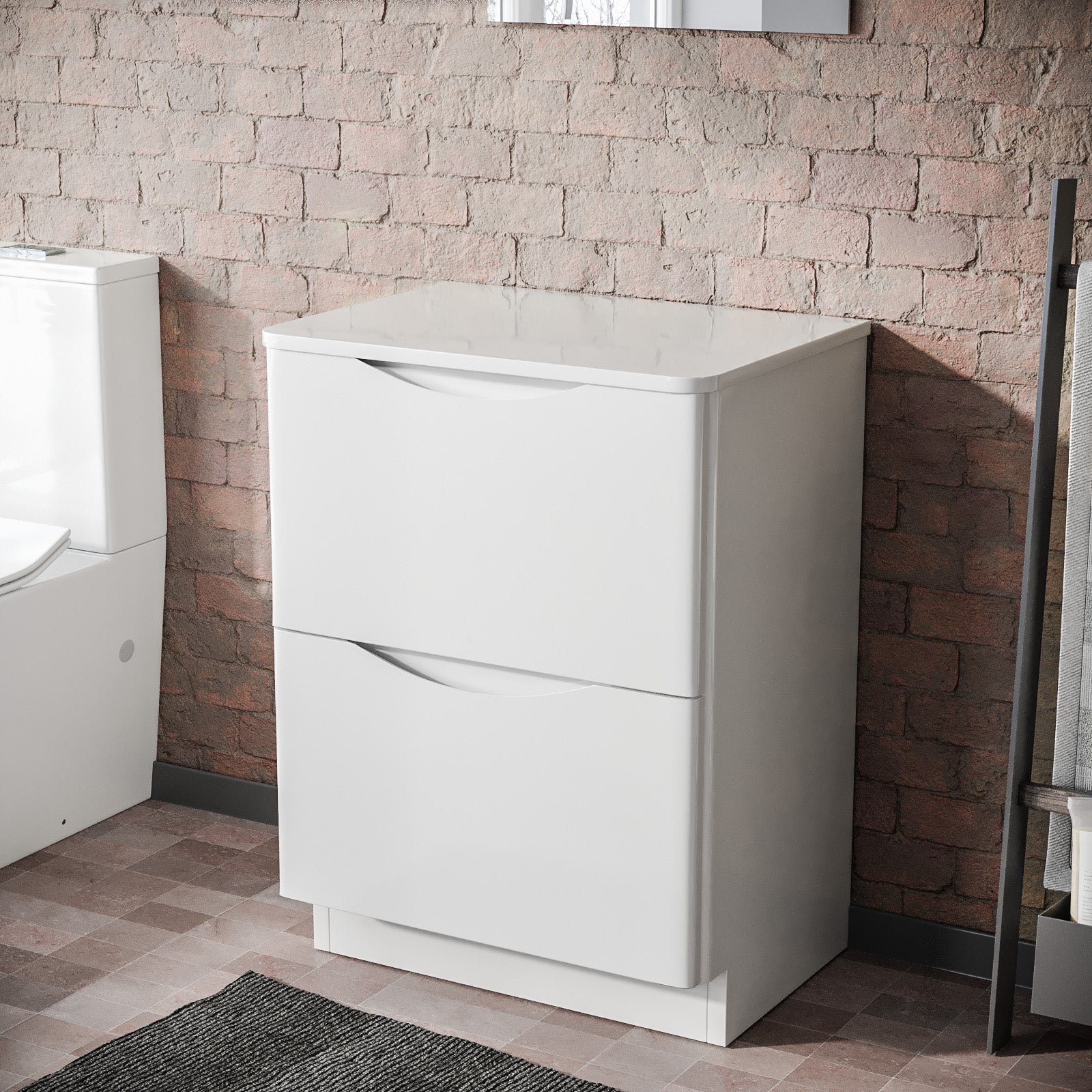 Merton 600mm Gloss White 2 Drawer Work Top Freestanding Vanity Unit Bathroom