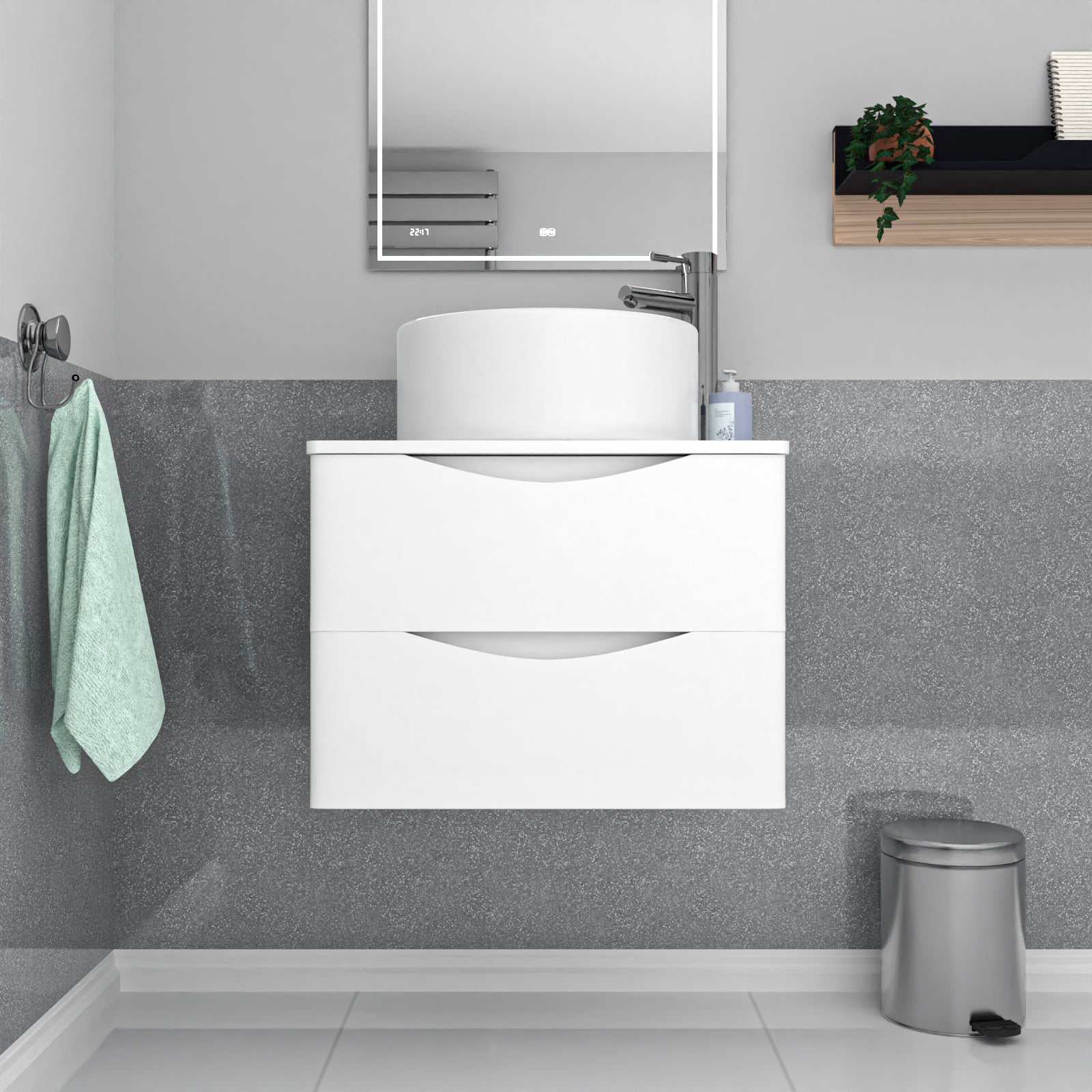 Merton 600mm White Wall Hung Vanity Unit, Worktop With Round Bowl Basin