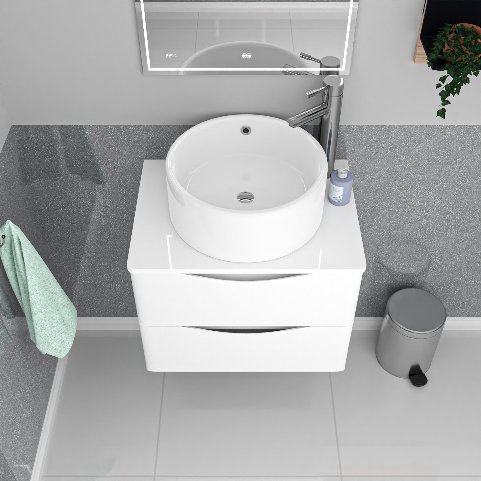Merton 600mm White Wall Hung Vanity Unit, Worktop With Round Bowl Basin