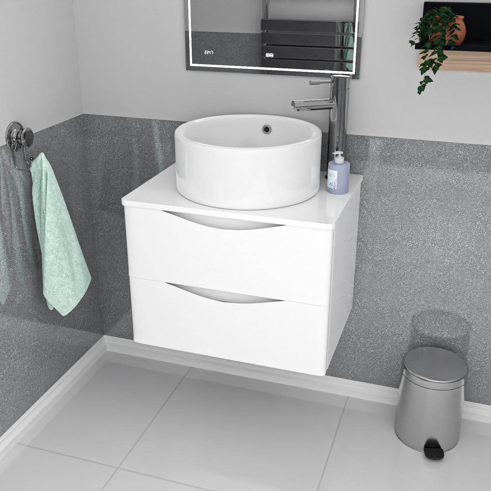 Merton 600mm White Wall Hung Vanity Unit, Worktop With Round Bowl Basin