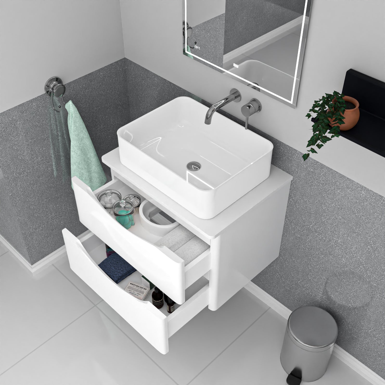 Merton 600mm White Wall Hung Vanity Unit, Worktop With Square Basin