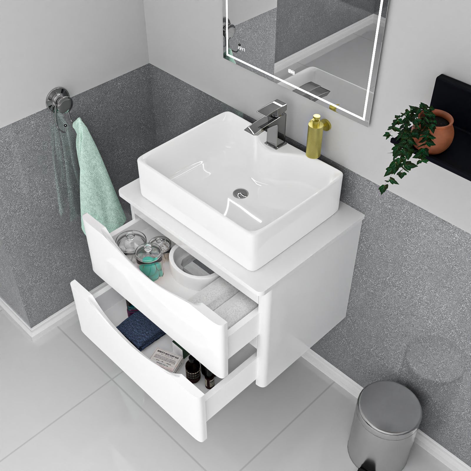 Merton 600mm White Wall Hung Vanity Unit, Worktop With Square Bowl Basin