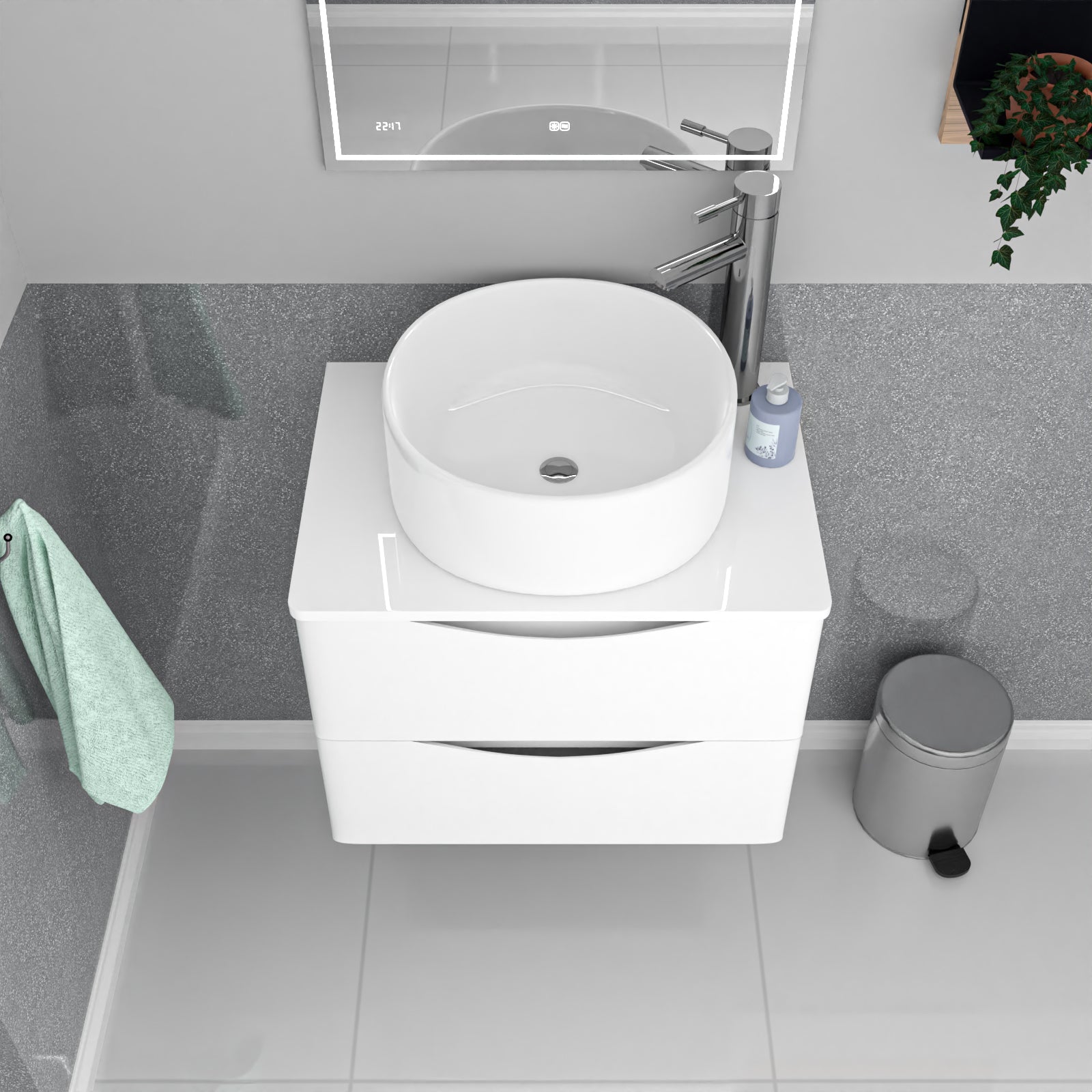 Merton 600mm White Wall Hung 2 Drawers Vanity & Worktop With Round
