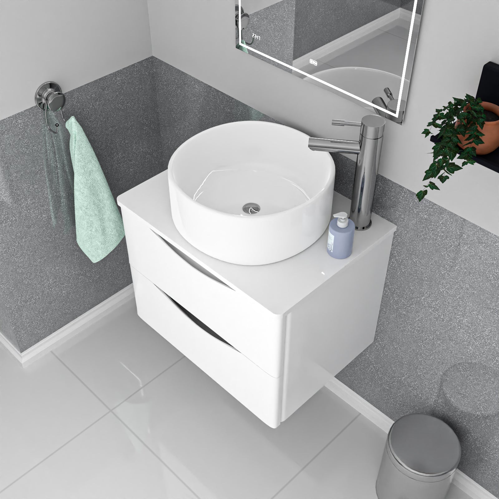 Merton 600mm White Wall Hung 2 Drawers Vanity & Worktop With Round