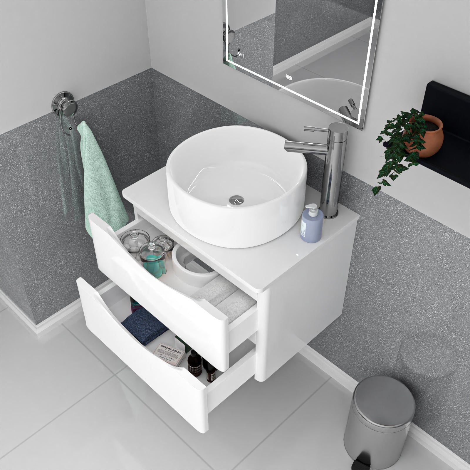 Merton 600mm White Wall Hung 2 Drawers Vanity & Worktop With Round