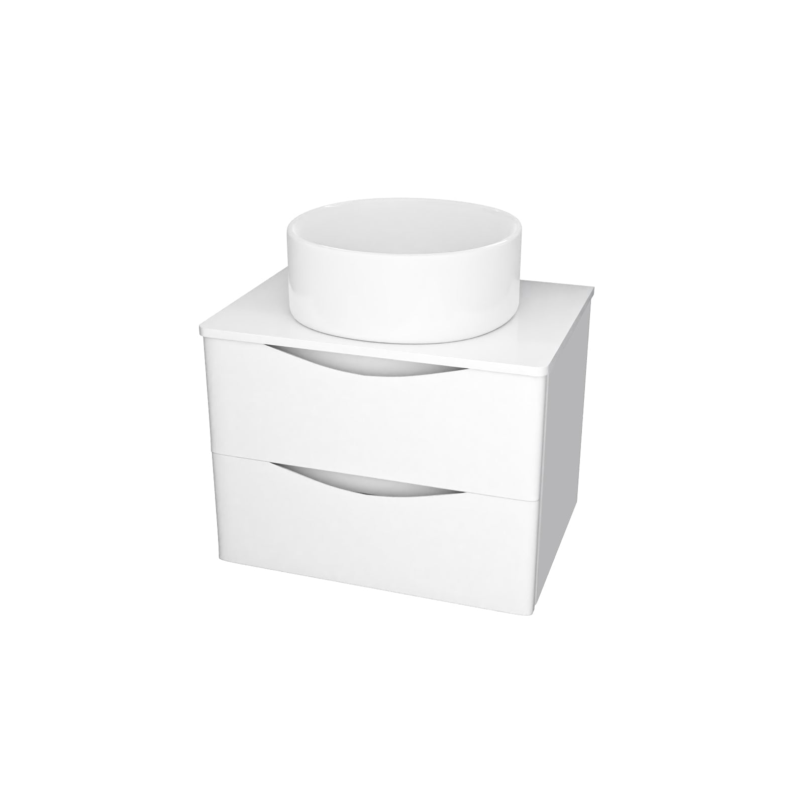Merton 600mm White Wall Hung 2 Drawers Vanity & Worktop With Round