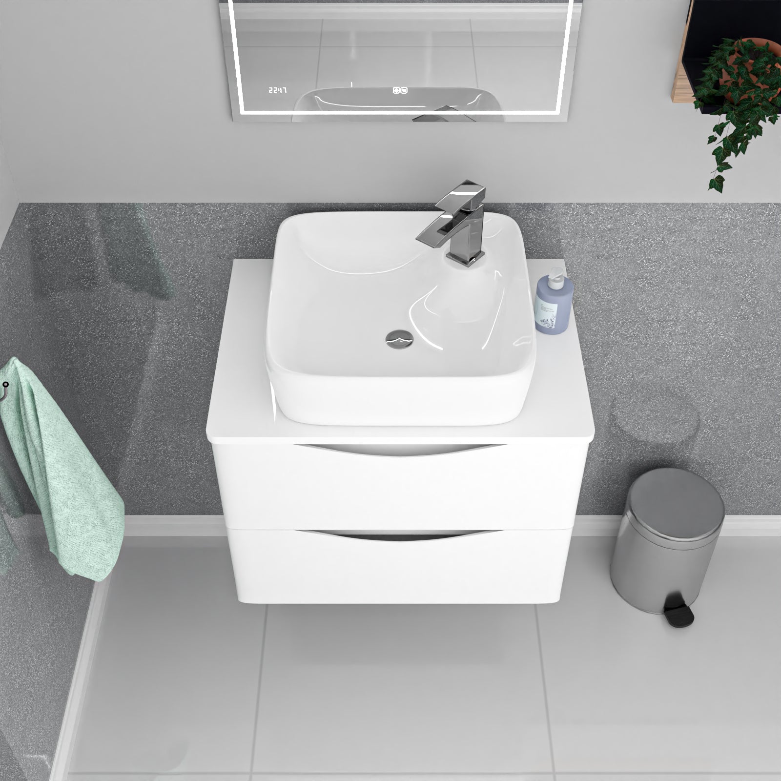 Merton 600mm Wall Hung White Vanity, Worktop & Square Rounded Corner Basin