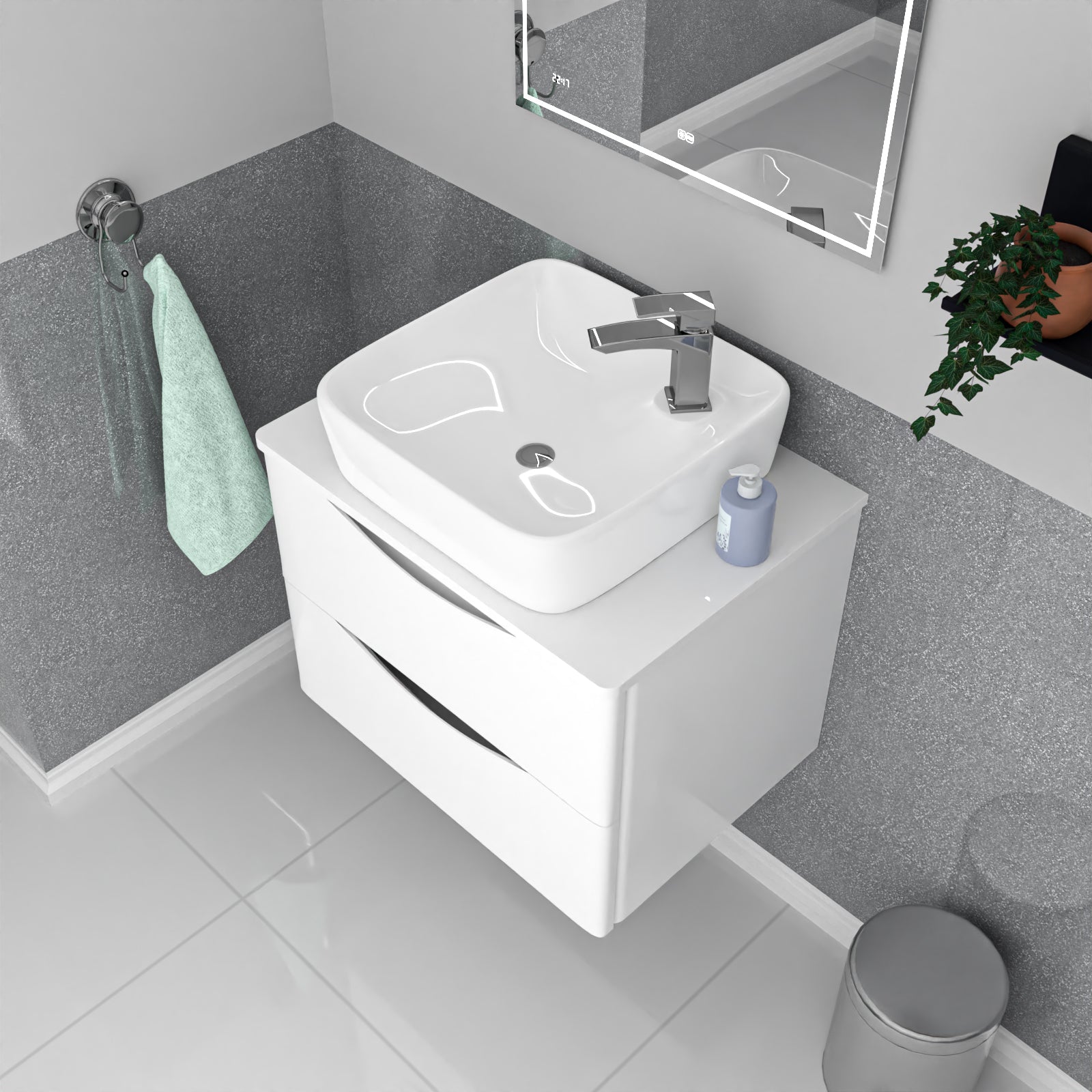 Merton 600mm Wall Hung White Vanity, Worktop & Square Rounded Corner Basin