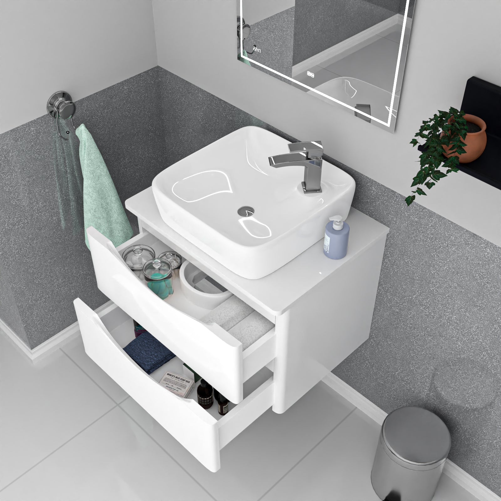 Merton 600mm Wall Hung White Vanity, Worktop & Square Rounded Corner Basin