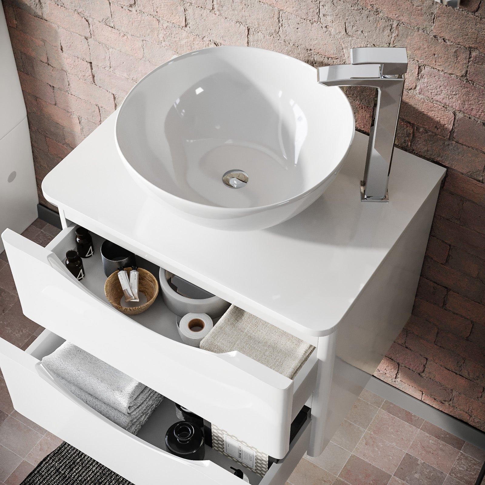Merton White 600mm Bathroom Wall Hung Vanity Unit With Round Ceramic Countertop 320mm Basin