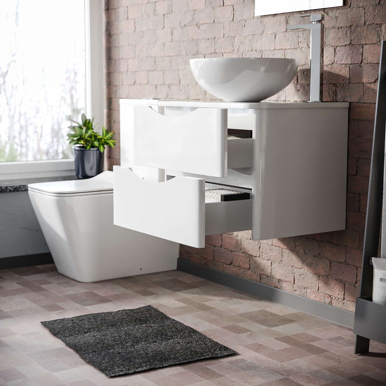 Merton White 600mm Bathroom Wall Hung Vanity Unit With Round Ceramic Countertop 320mm Basin