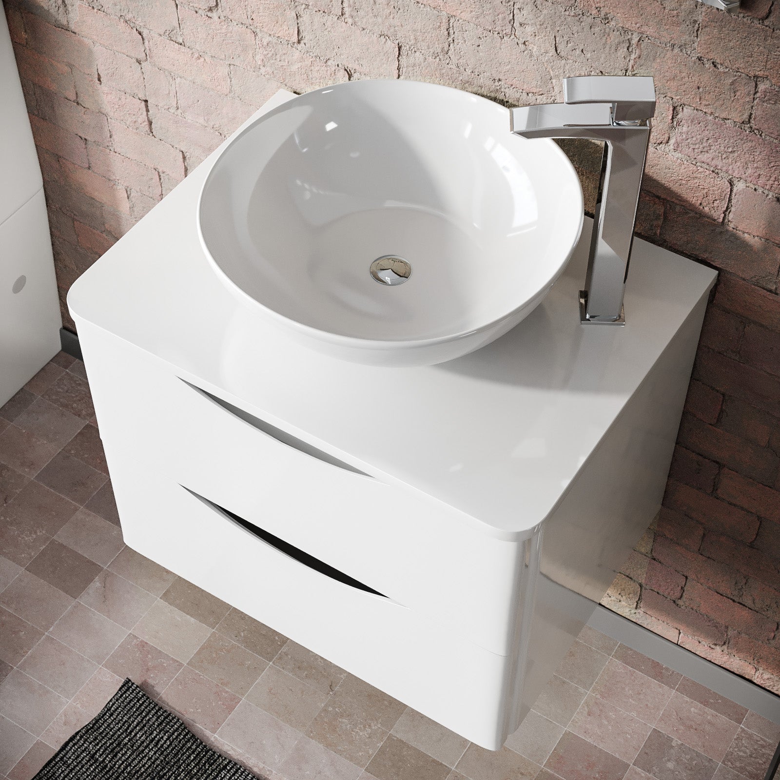 Merton White 600mm Bathroom Wall Hung Vanity Unit With Round Ceramic Countertop 410mm Basin