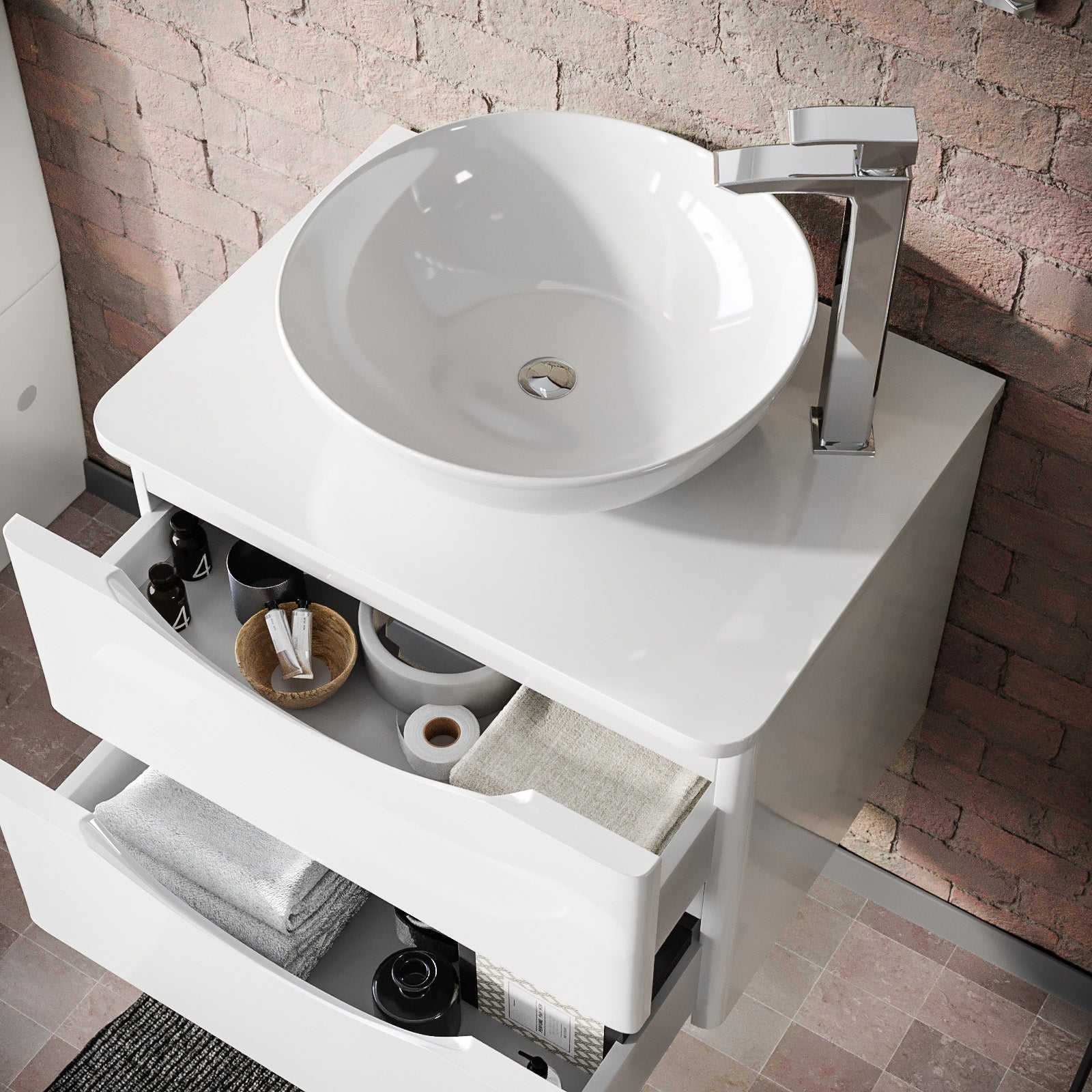 Merton White 600mm Bathroom Wall Hung Vanity Unit With Round Ceramic Countertop 410mm Basin