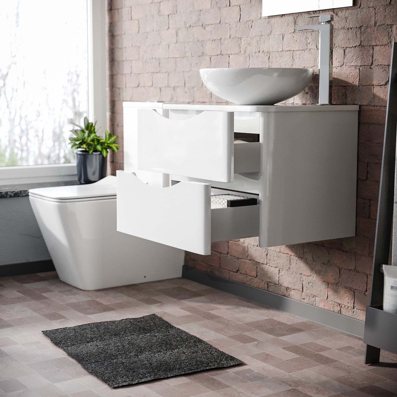 Merton White 600mm Bathroom Wall Hung Vanity Unit With Round Ceramic Countertop 410mm Basin