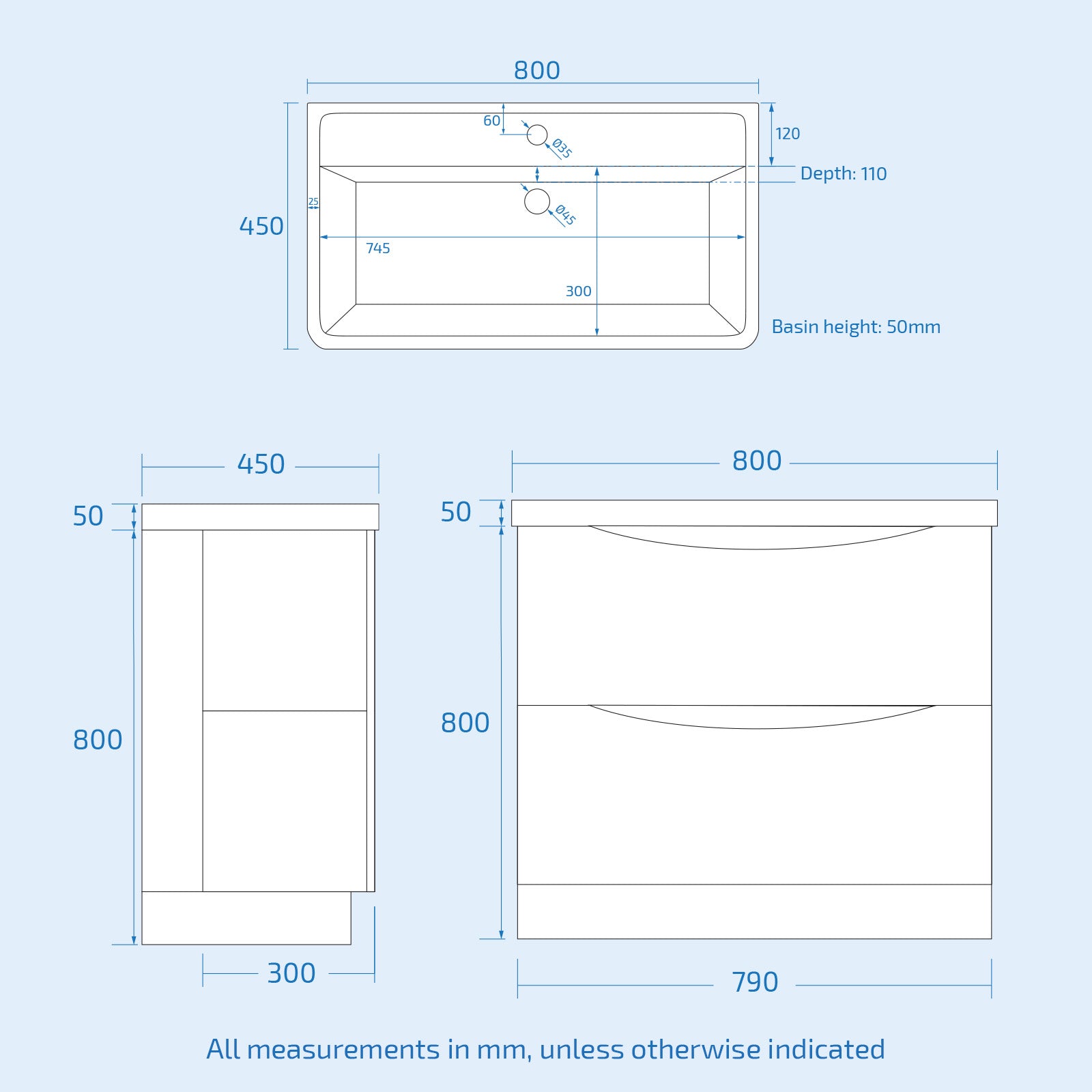 Technical drawing of a bathroom vanity unit with dimensions 