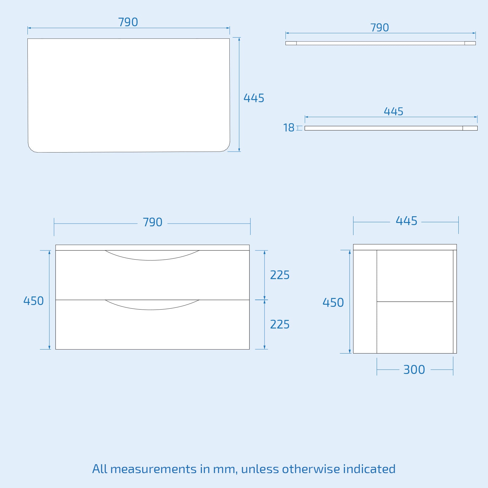 Dimensions of a bathroom vanity unit with measurements in millimeters 