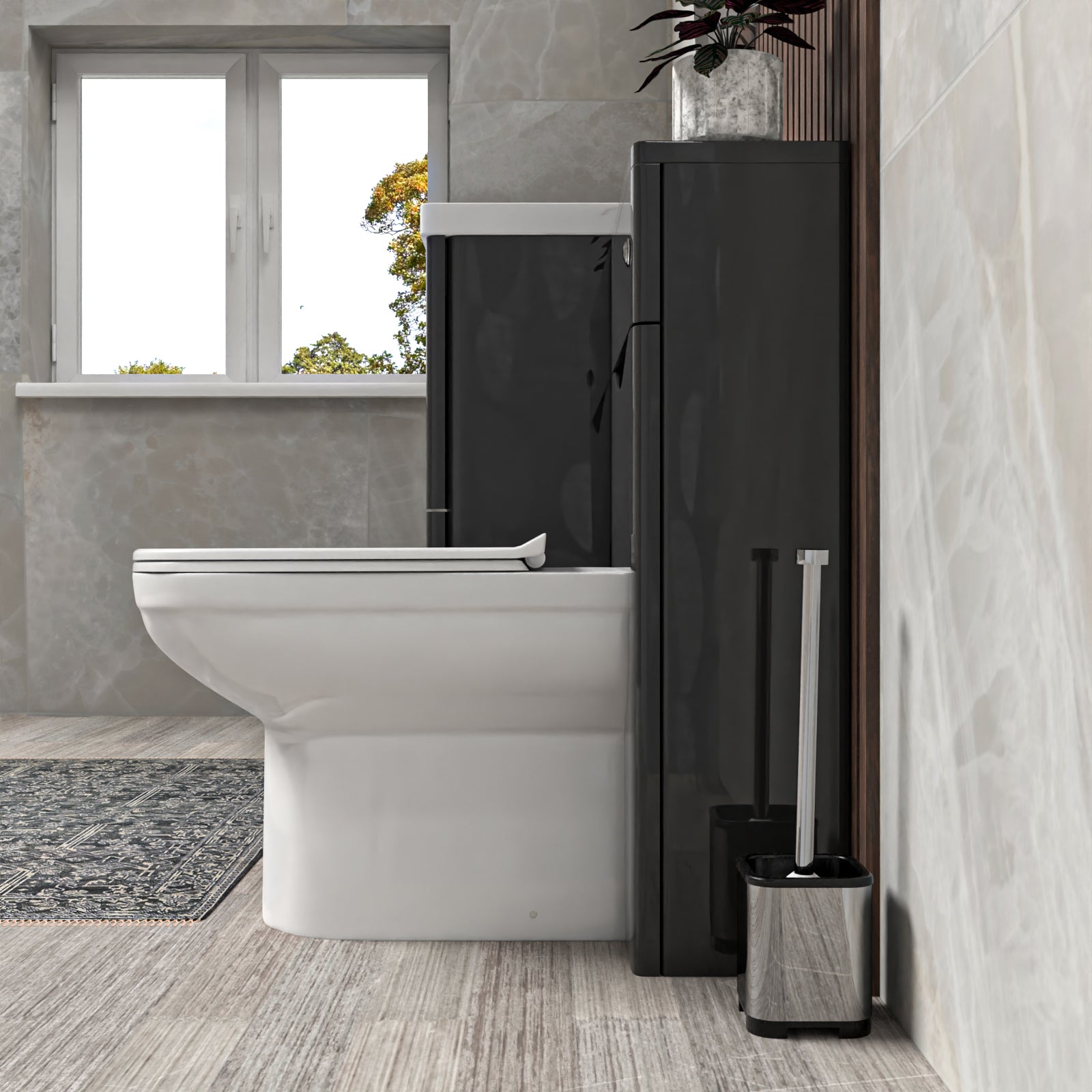 Bathroom setup with a white toilet and black wall-mounted cabinet