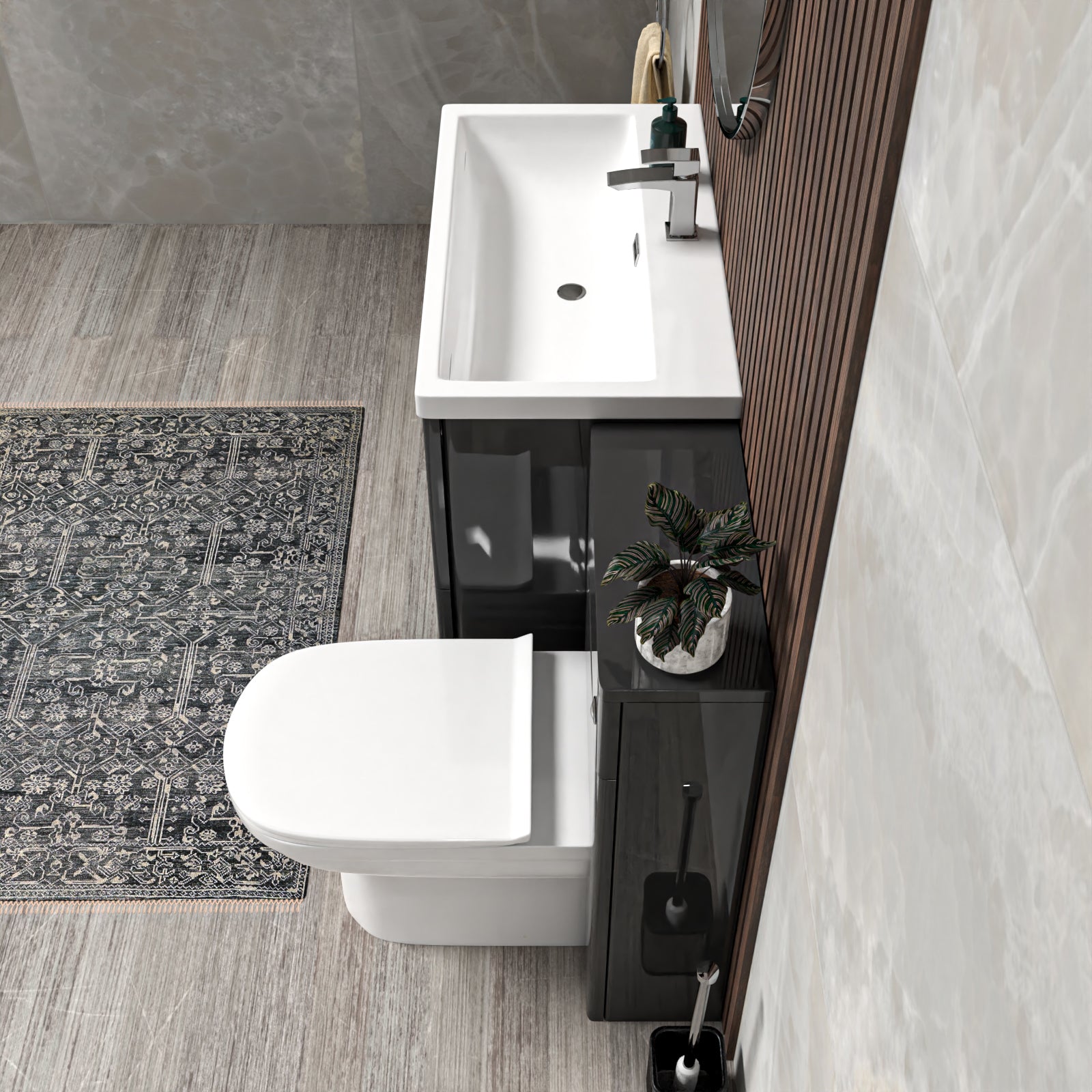 Bathroom with a toilet, sink, and decorative elements.