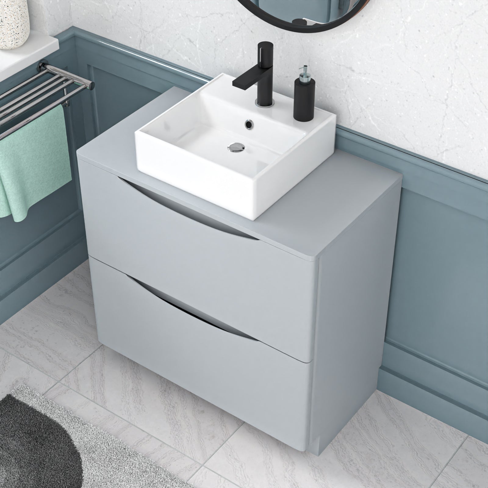Merton 800mm Matte Grey Bathroom 2 Drawers Vanity & Worktop With Square Basin