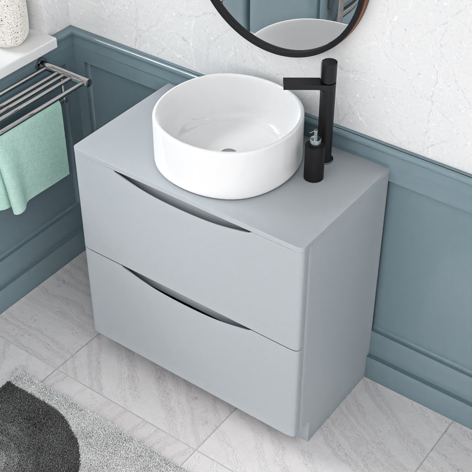 Merton 800mm Matte Grey Freestanding Drawers Vanity & Worktop With Round Basin