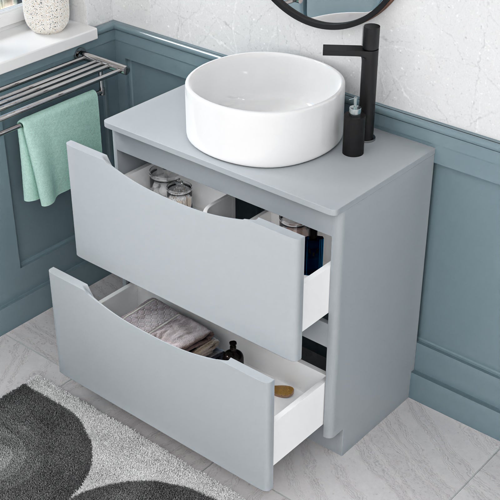 Merton 800mm Matte Grey Freestanding Drawers Vanity & Worktop With Round Basin