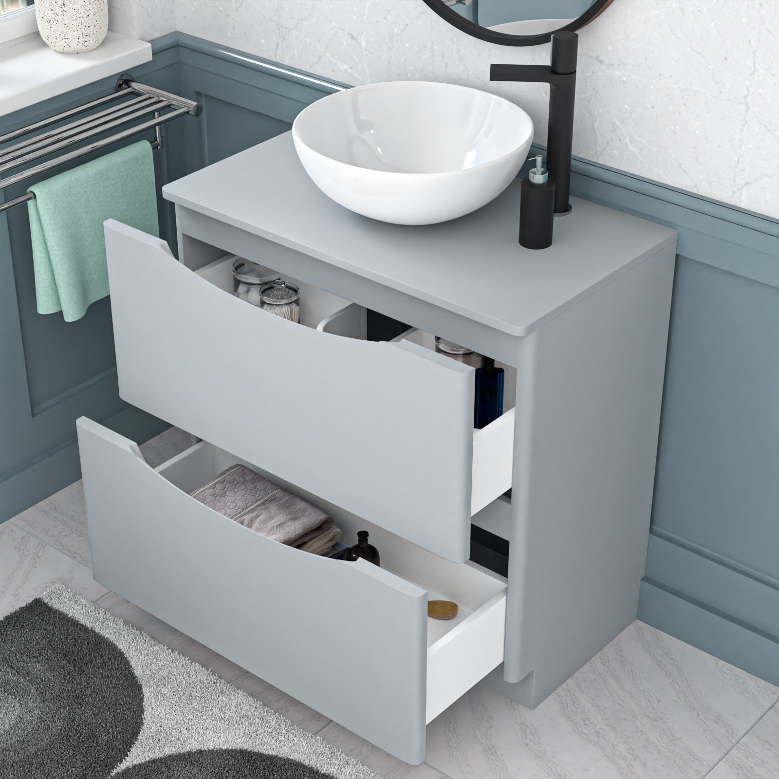 Merton Matte Grey 800mm Freestanding Vanity Round Ceramic Countertop Basin