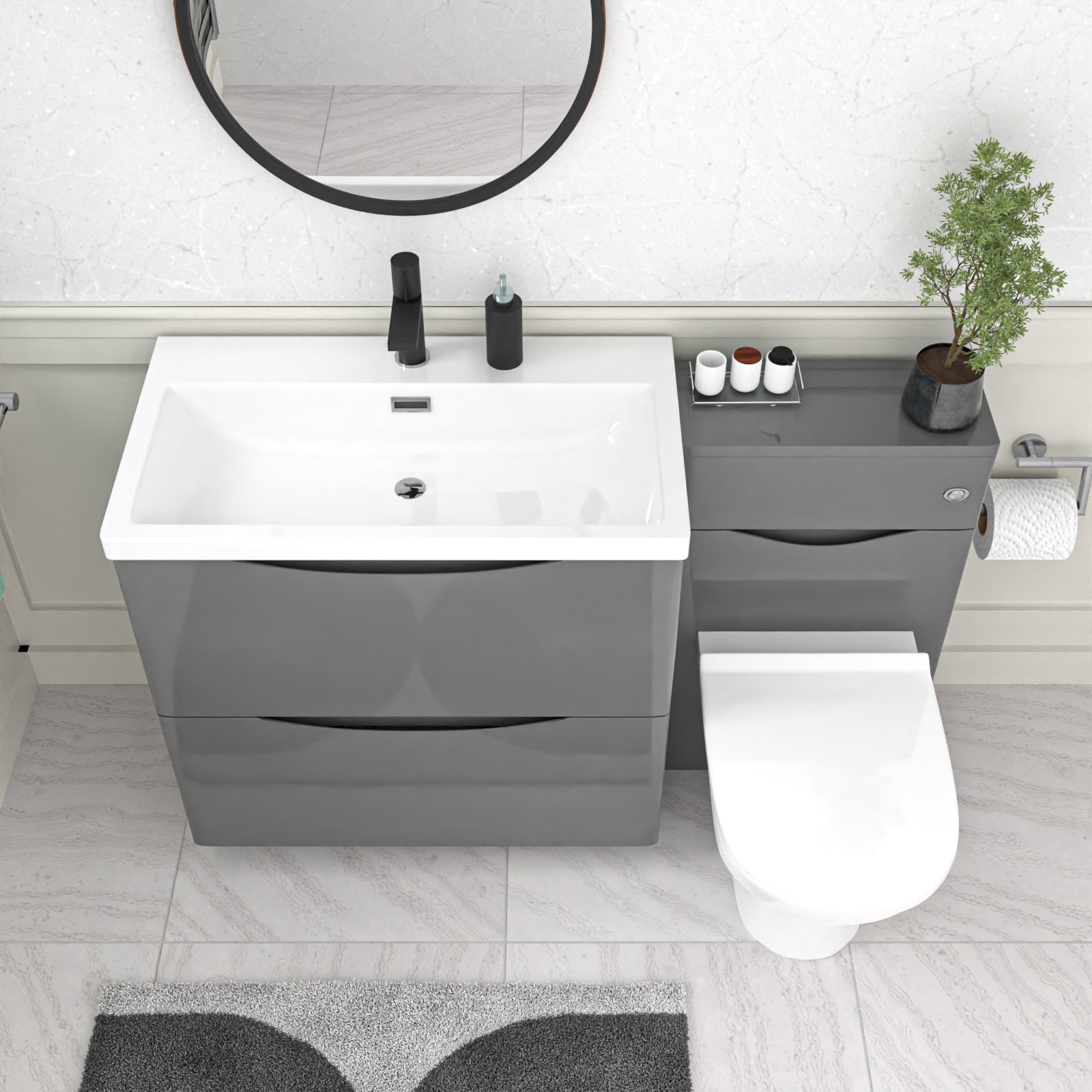bathroom setup with Gray vanity, white sink and a toilet