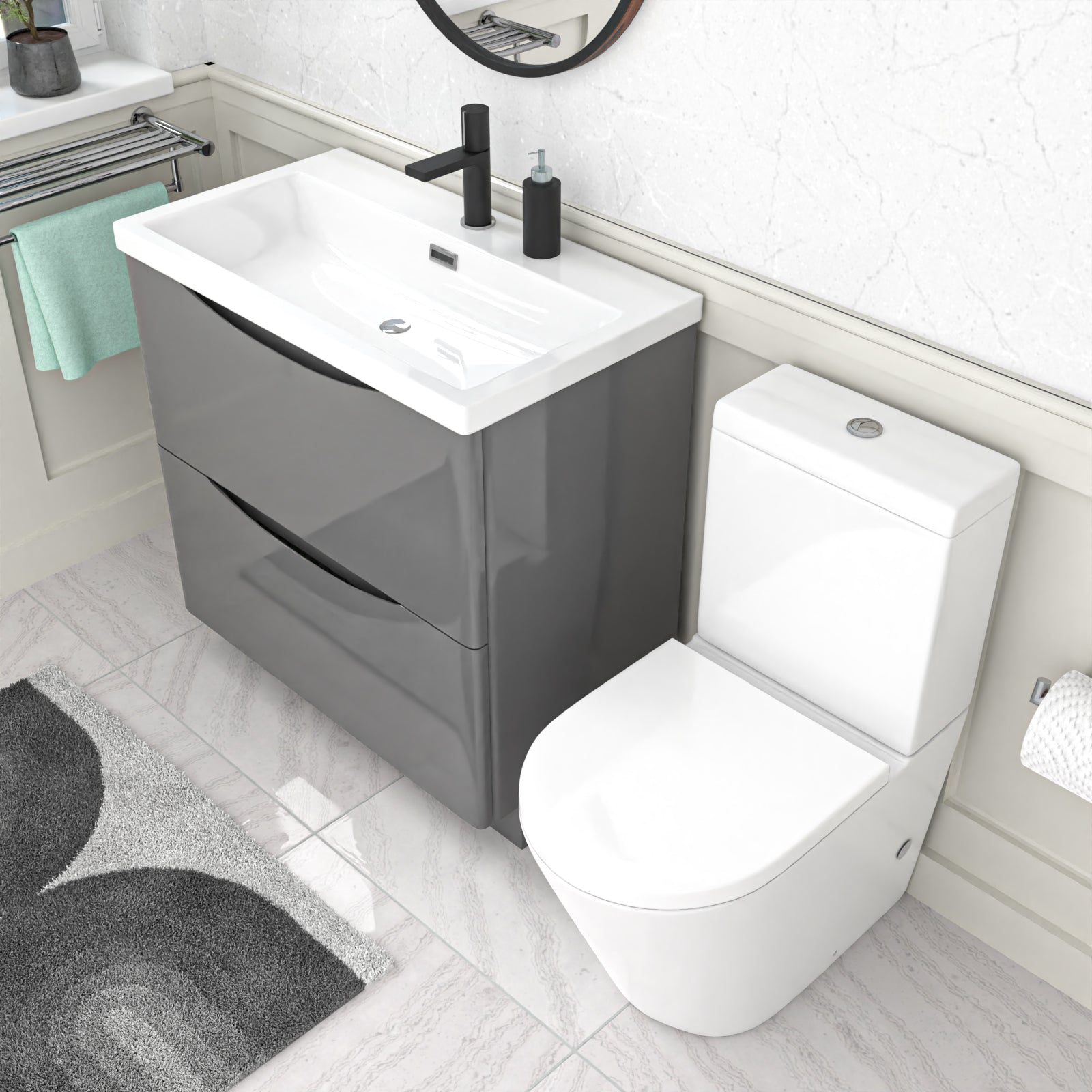 Merton Steel Grey 800mm Basin Vanity Unit and Rimless Close Coupled Toilet