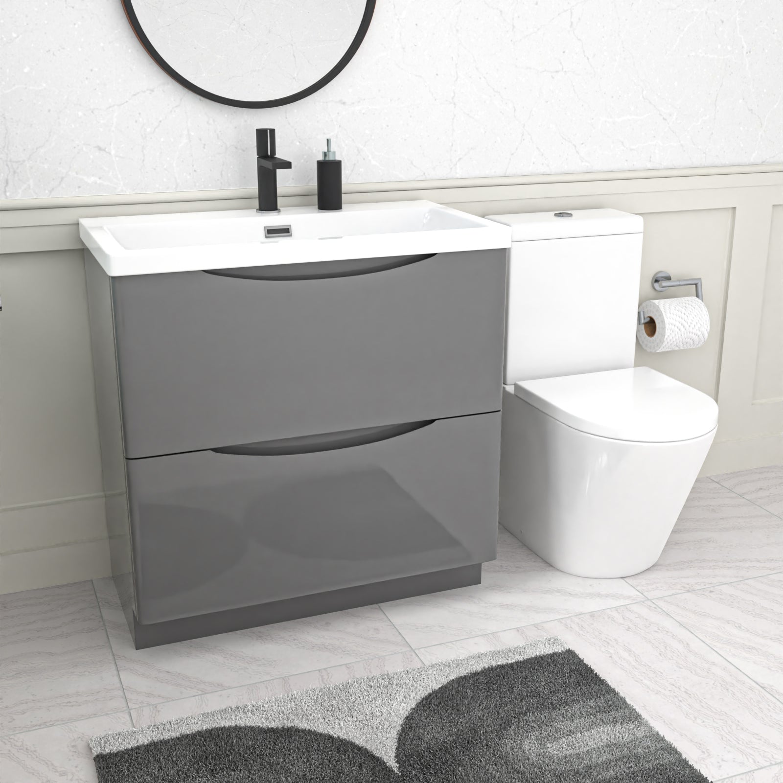 Merton Grey 800mm Basin Vanity Unit and Rimless Close Coupled Toilet