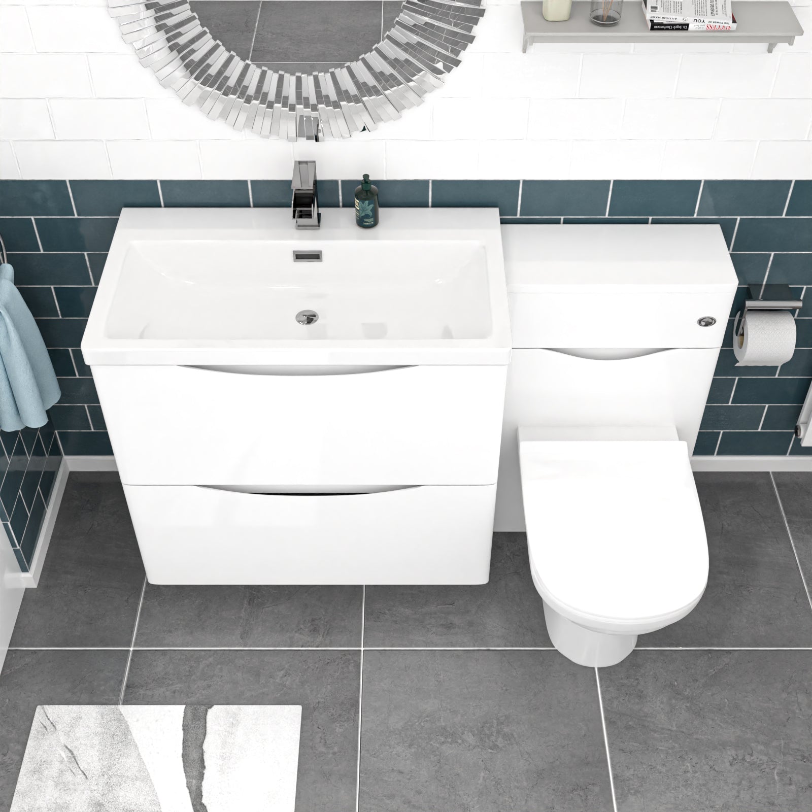 Bathroom setup with white vanity unit, toilet, and mirror