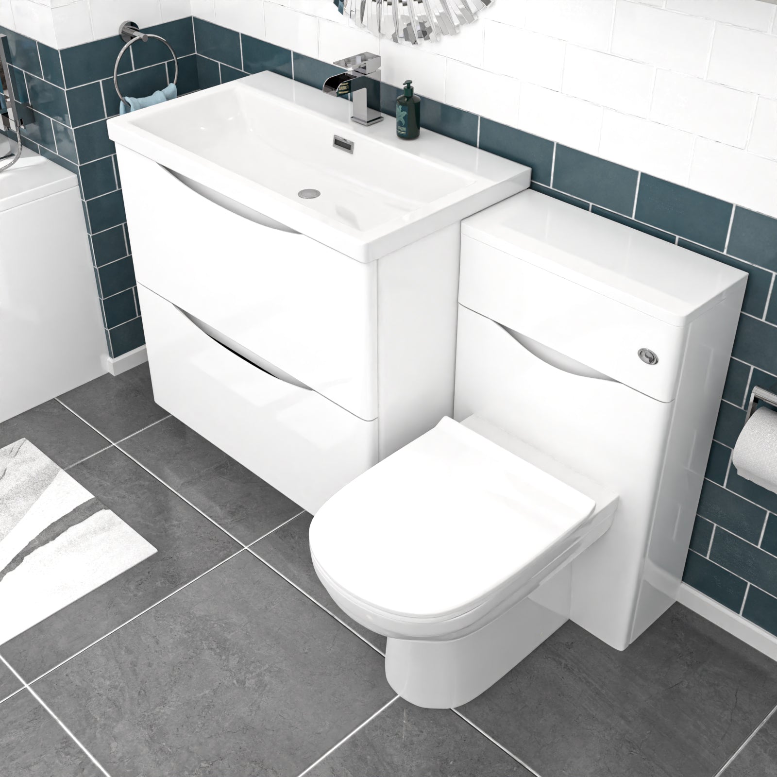 Bathroom setup with white vanity unit, sink, and toilet