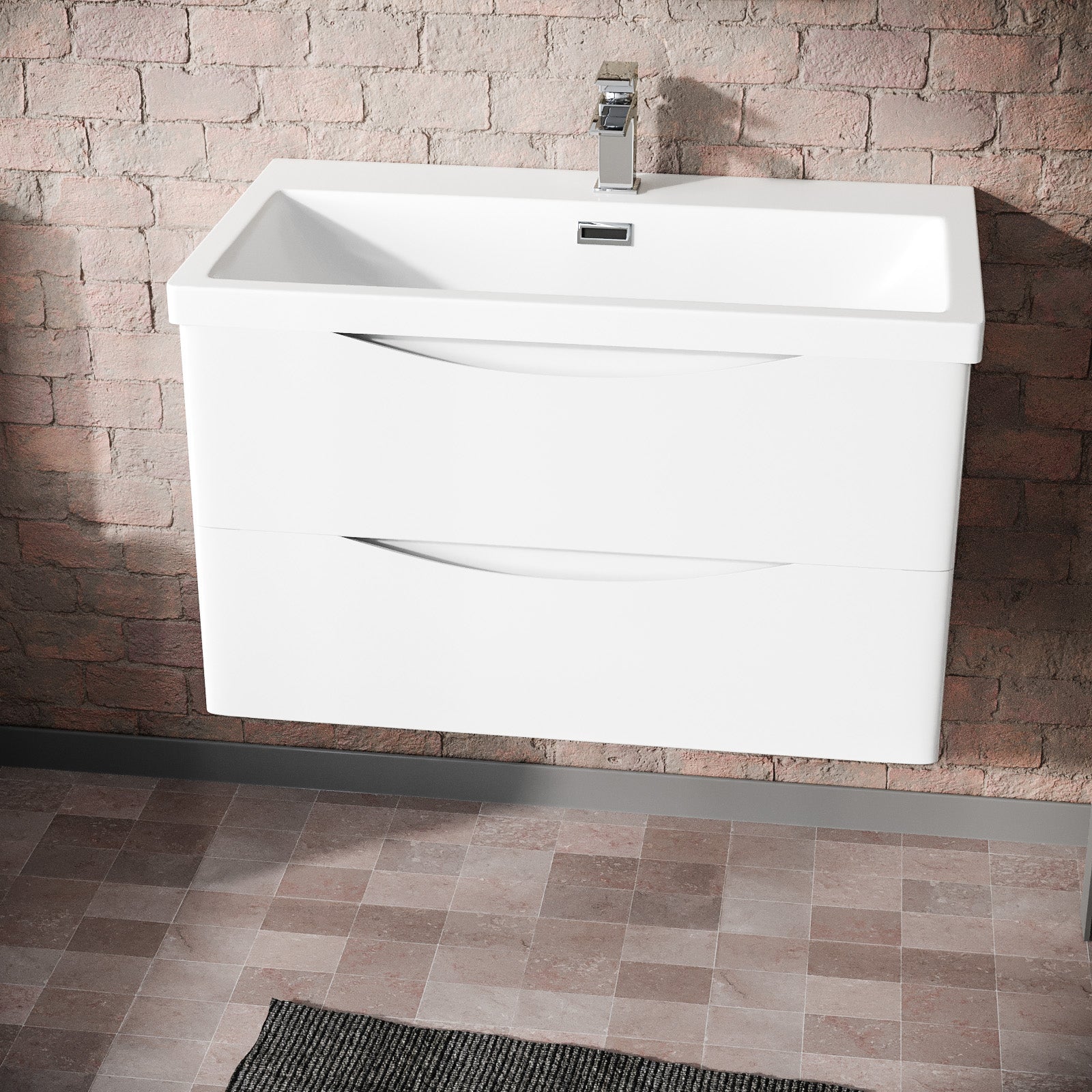 Merton 800mm White Wall Hung Basin Sink Vanity with Storage Drawers