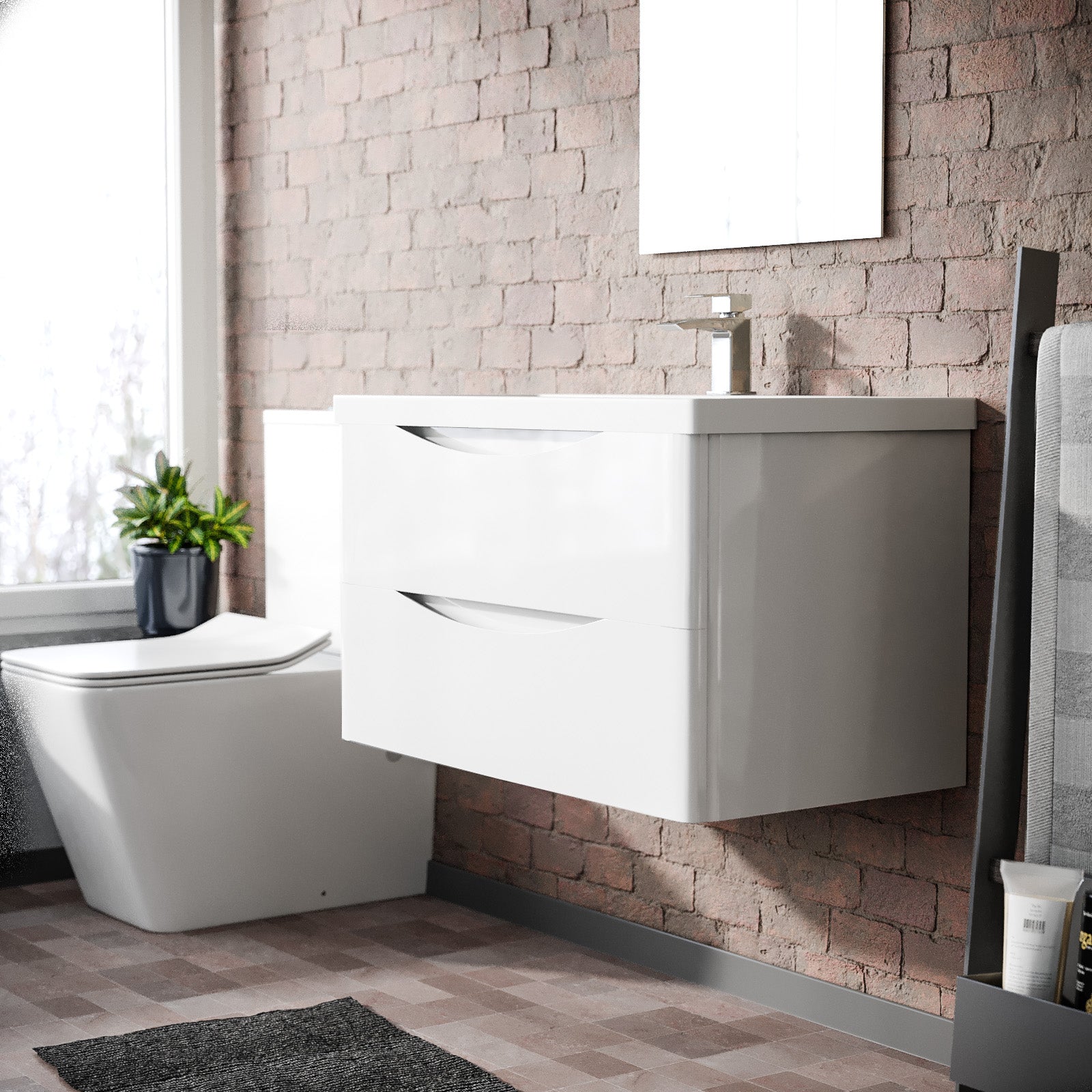 Merton 800mm White Wall Hung Basin Sink Vanity with Storage Drawers