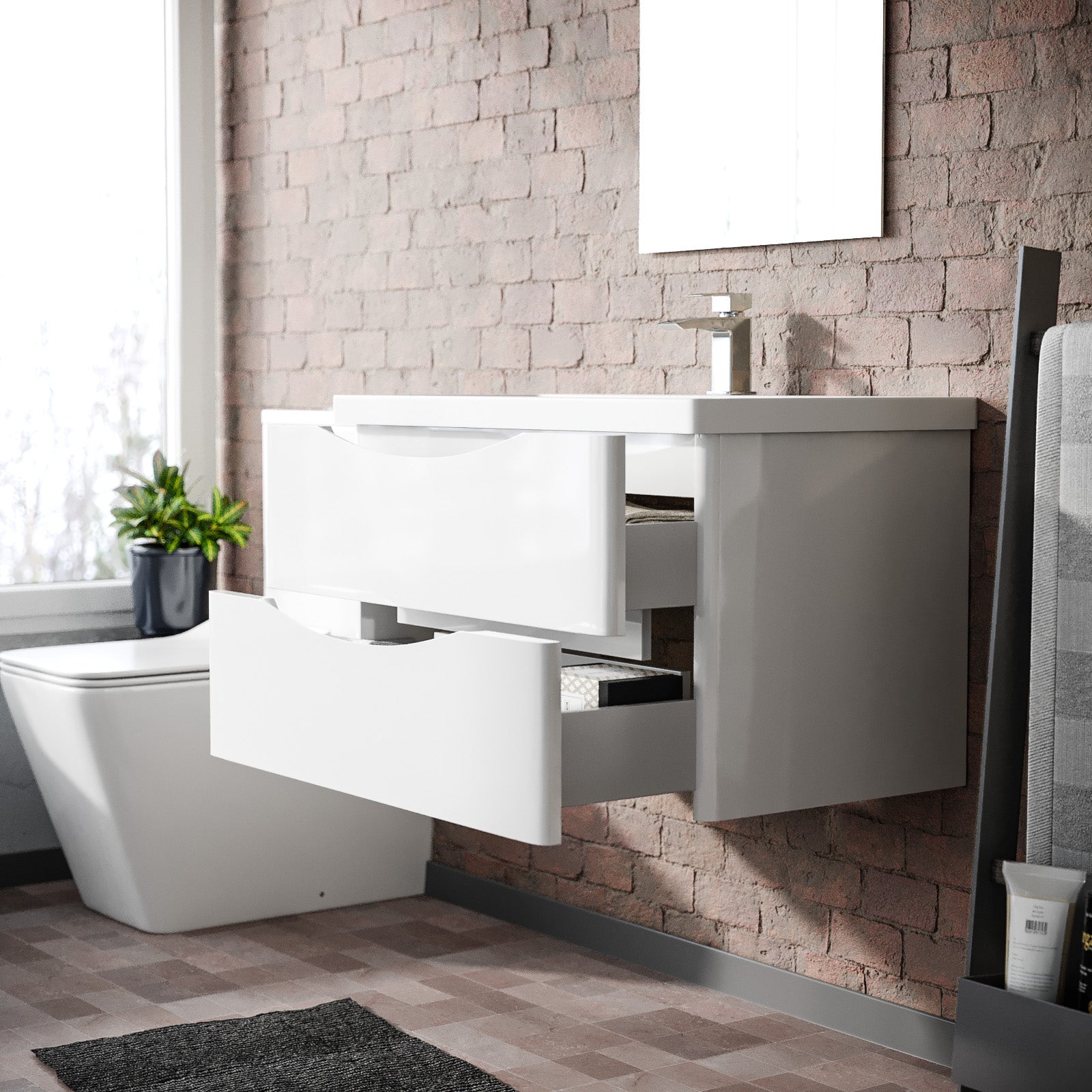 Merton 800mm White Wall Hung Basin Sink Vanity with Storage Drawers