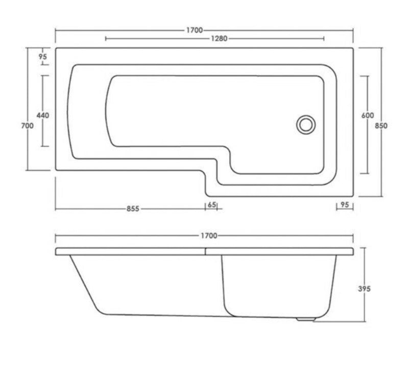 1700mm x 850mm Right Hand L Shaped Bath, Front Panel & Grid Screen