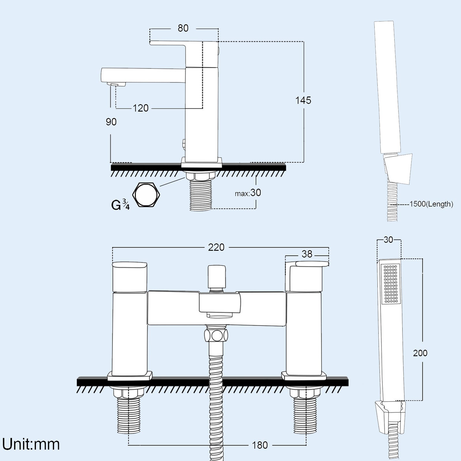 Brayton Contemporary Square Bath Shower Mixer And Basin Mono Mixer Tap Set