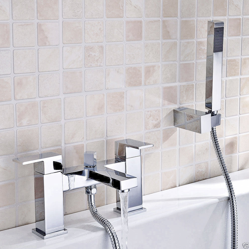 Brayton Square Chrome Bridge Deck Mounted Bath Shower Mixer With Shower Handset