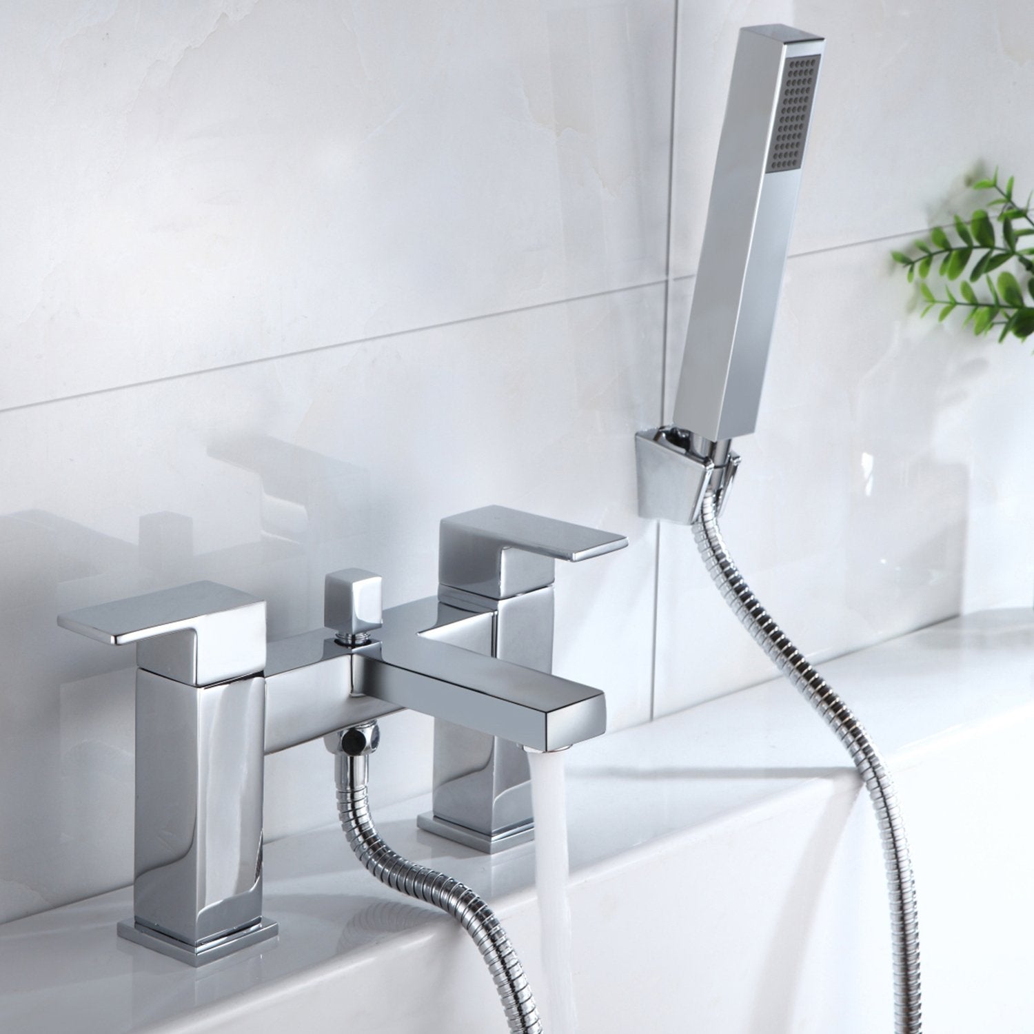 Brayton Square Chrome Bridge Deck Mounted Bath Shower Mixer With Shower Handset