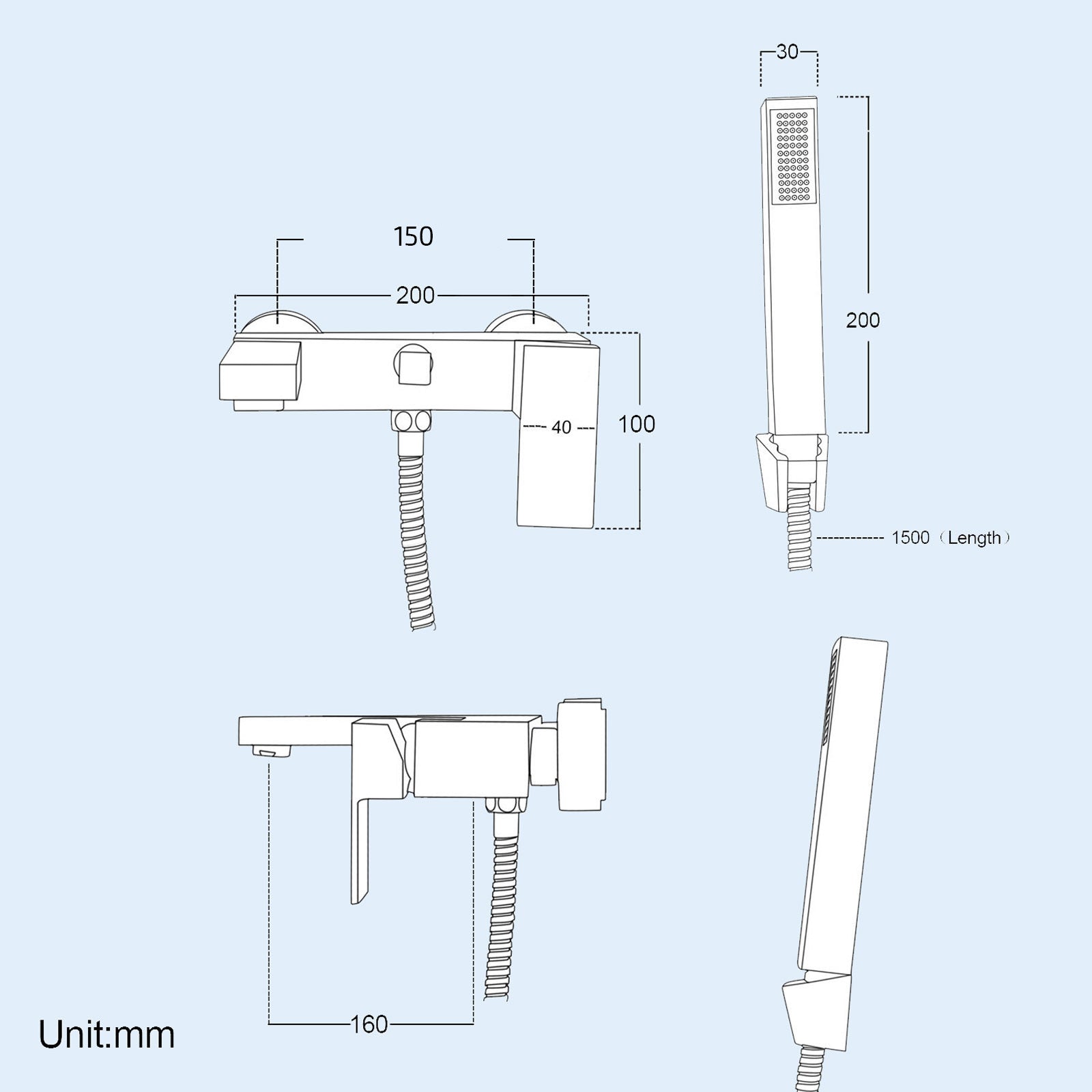 Brayton Modern Wall Mounted Bath Shower Mixer Tap With Handset Kit