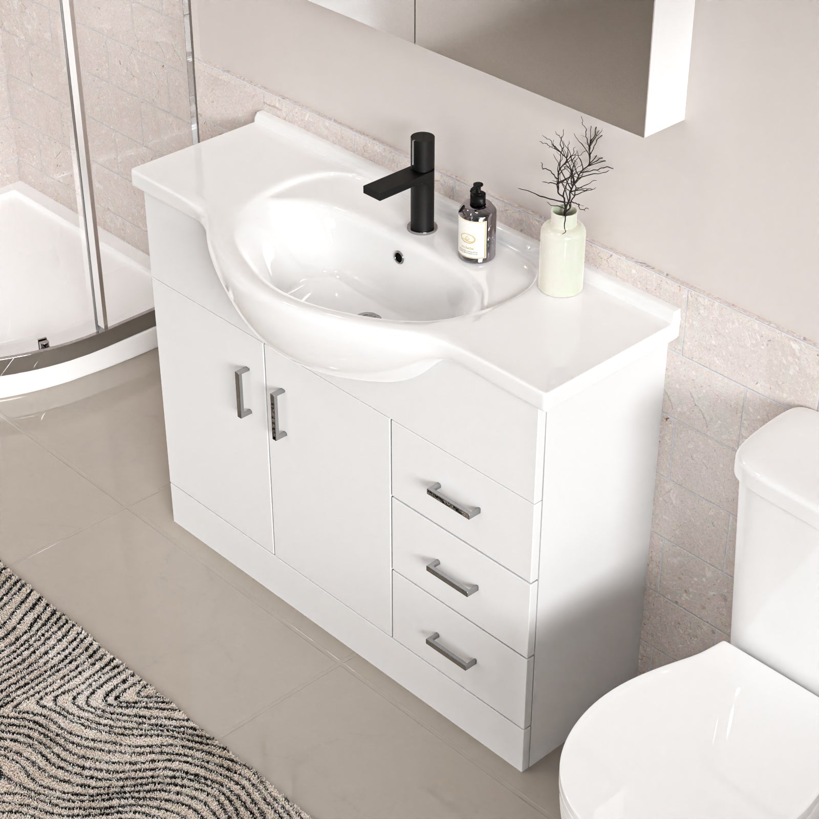 White 1050mm Vanity 800mm Quadrant Shower Enclosure Toilet Tray Set