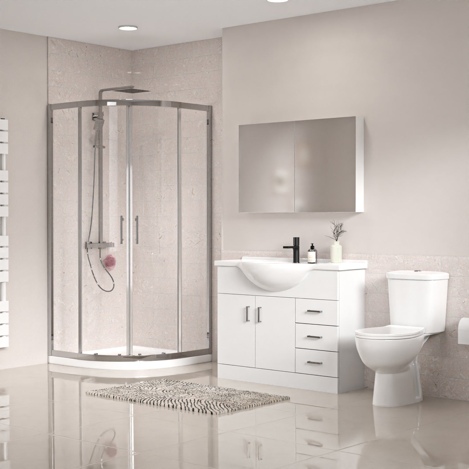 White 1050mm Vanity 800mm Quadrant Shower Enclosure Toilet Tray Set